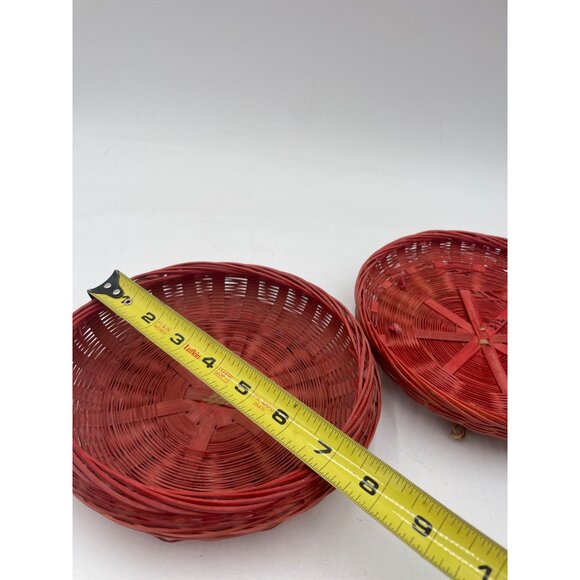 Vintage Red Wicker Sewing Basket Pink Handle & Beaded Accents Boho-Chic Home Dec - Picture 4 of 6